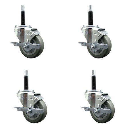 Service Caster 3.5'' SS Gray Poly Swivel 3/4'' Expanding Stem Caster Set with Brake, 4PK SCC-SSEX20S3514-PPUB-TLB-34-4